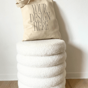 Tote Bag Mockup – Upright on Stool – Clean Wall Backdrop