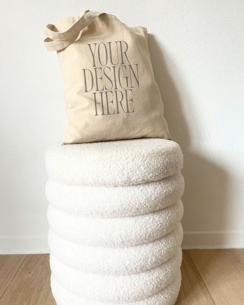 Tote Bag Mockup – Upright on Stool – Clean Wall Backdrop