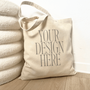 Tote Bag Mockup – Cozy Against Stool – Natural Texture
