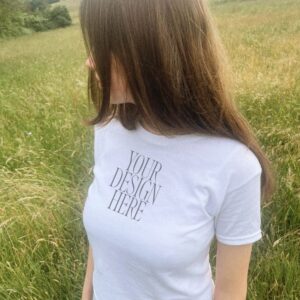 Real Model Mockup | White Baby Tee in Tall Grass